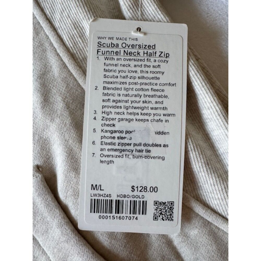 Lululemon M/L Heather Cream Scuba Oversized Funnel-Neck Half Zip Gold Tone NWT - Picture 7 of 12